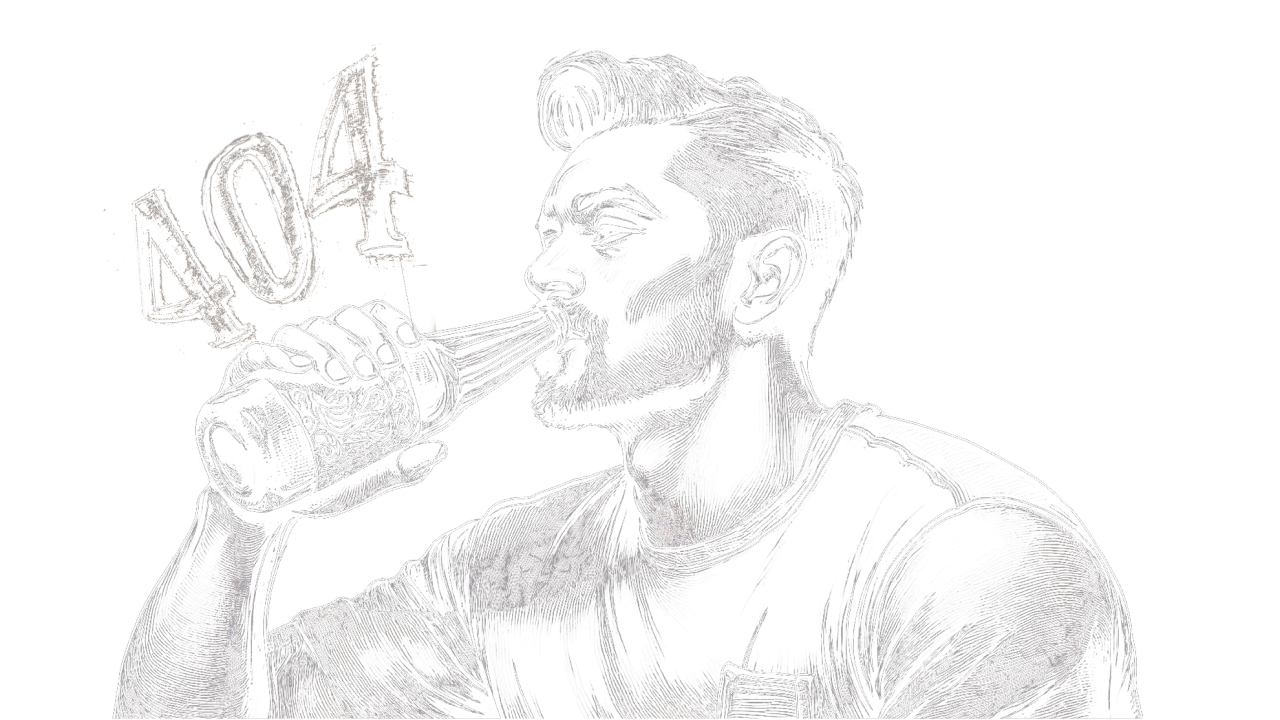 A man is drinking from a stylized bottle; the numbers 404 are written above the bottle.
