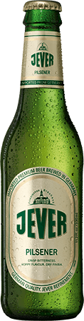 A damp green JEVER Pilsener beer bottle. Droplets of condensation cover its surface. – Click for more information about Jever Pilsener